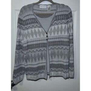 Alfred Dunner Women Long Sleeve Three Button Silver Glitter Sweater Size Medium